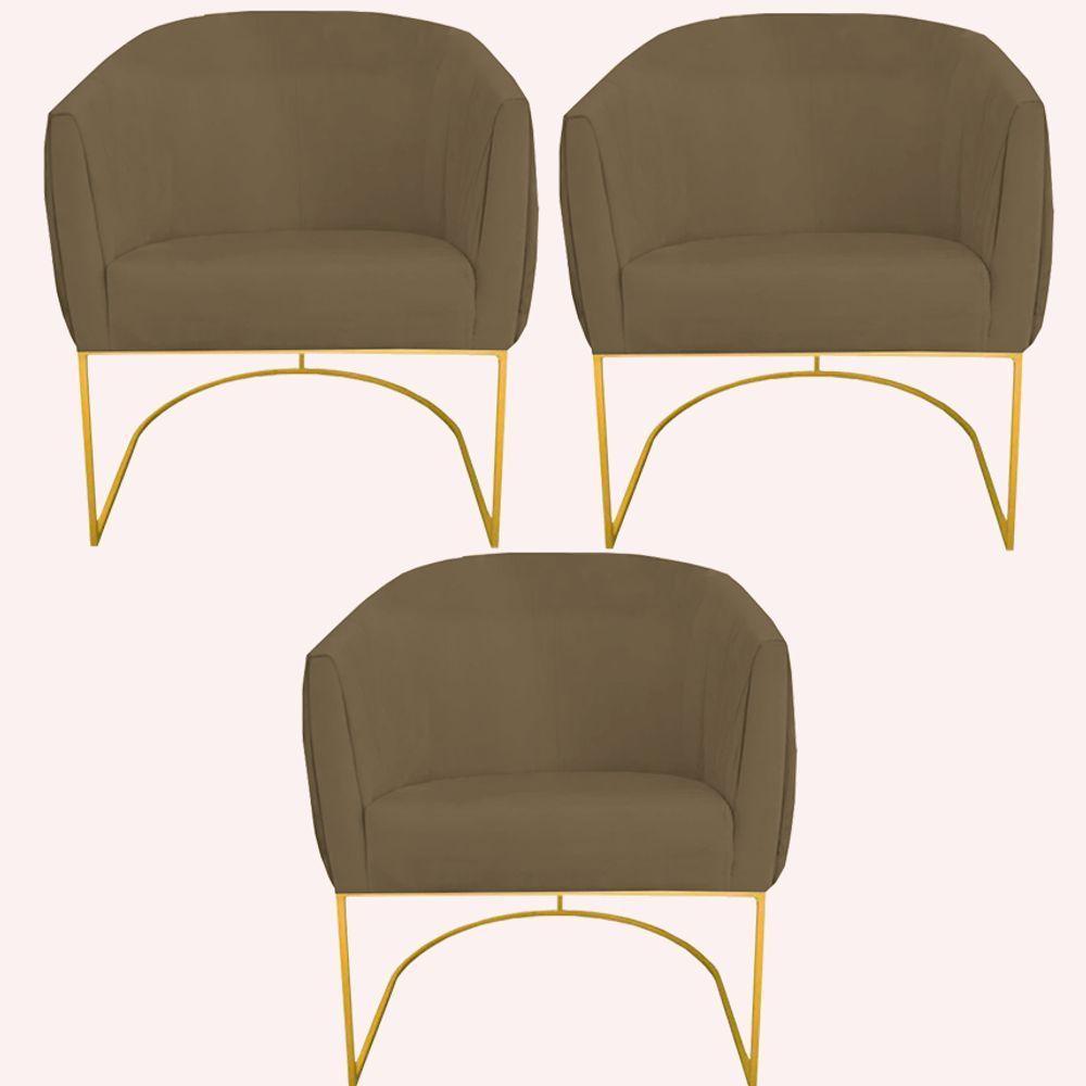 Kit 03 Poltrona Julia Com Base De Ferro Sala De Estar Escritório Recepção Clinica Suede Marrom Rato D'classe Decor - 1