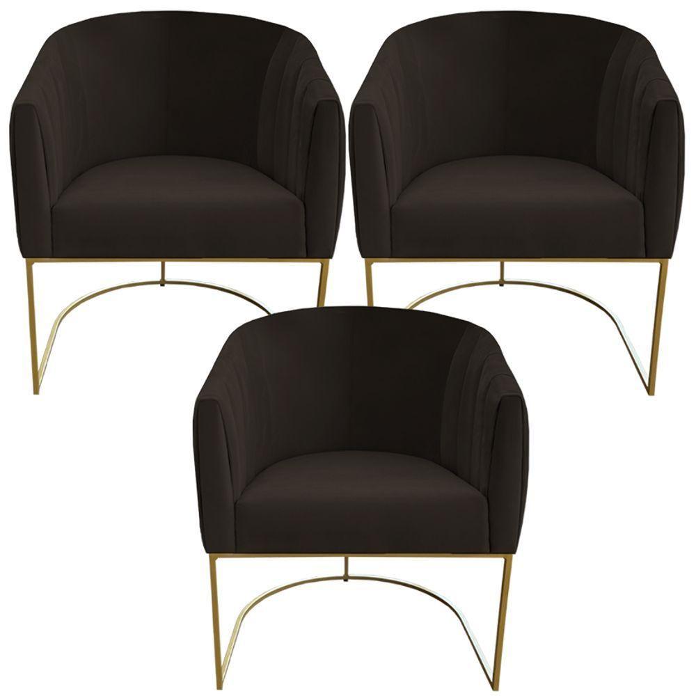 Kit 03 Poltrona Julia Com Base De Ferro Sala De Estar Escritório Recepção Clinica Suede Marrom D'classe Decor - 1