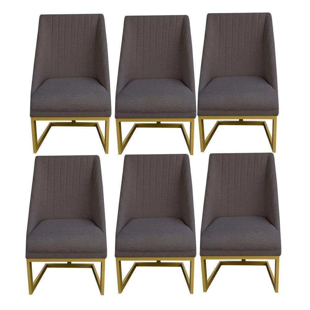 Kit 06 Cadeiras Para Sala De Jantar Ana Base De Ferro Linho Grafite D'classe Decor - 1