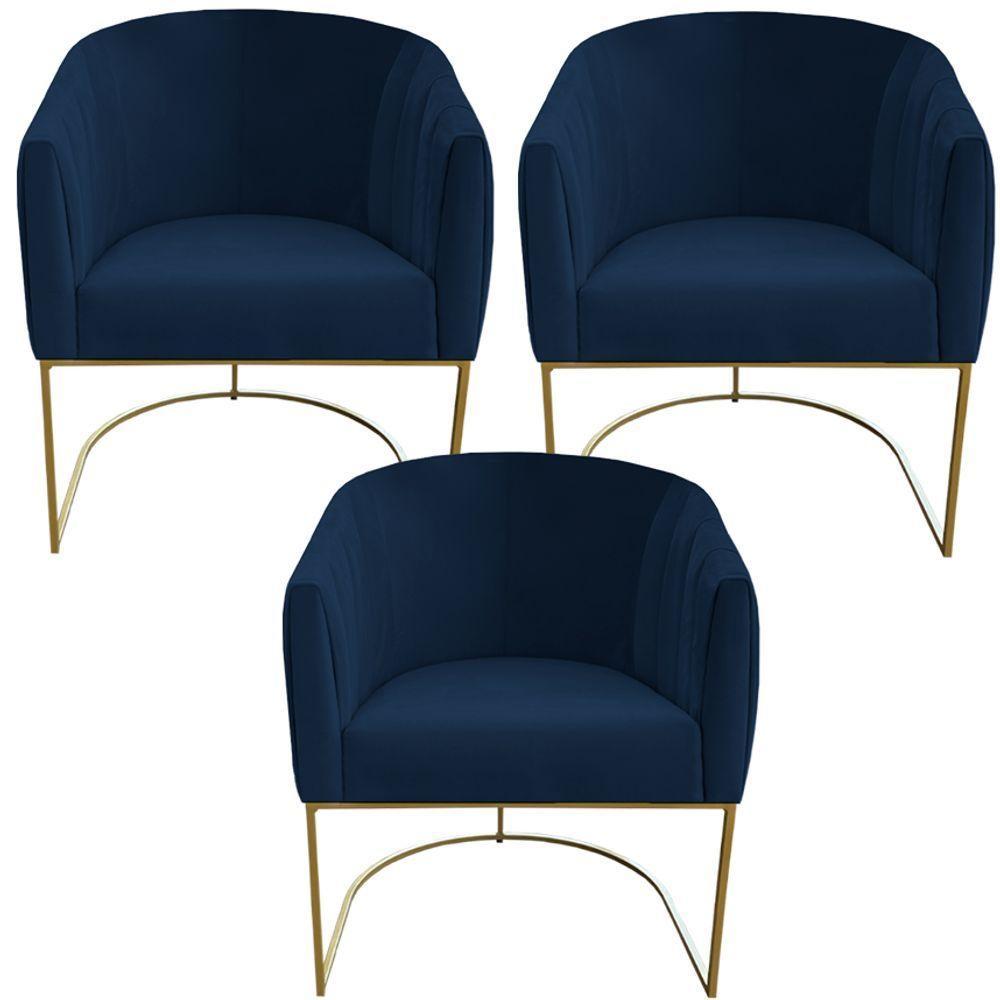 Kit 03 Poltrona Julia Com Base De Ferro Sala De Estar Escritório Recepção Clinica Suede Azul Marinho D'classe Decor - 1