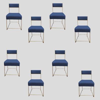 Kit 08 Cadeiras Atena Base De Ferro Maciço Dourada Suede Azul Marinho D'classe Decor
