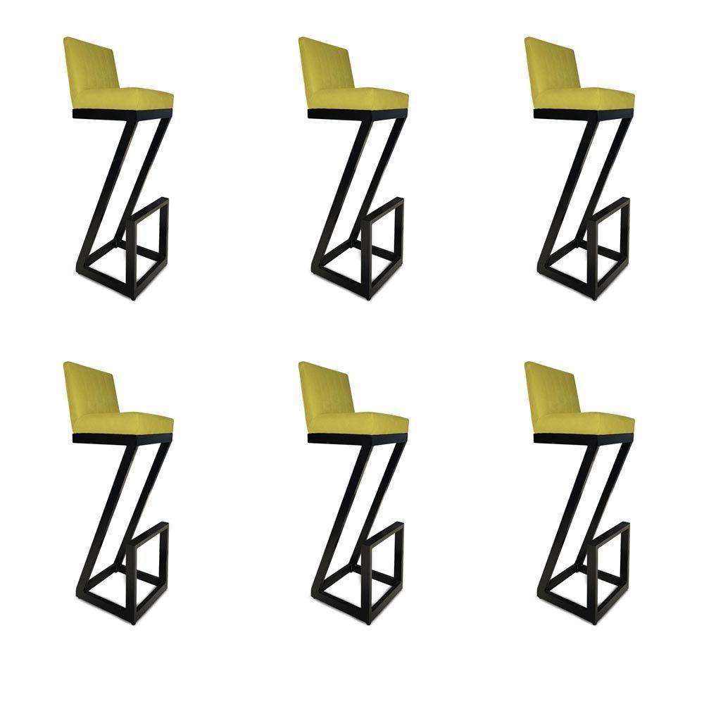 Kit 06 Banqueta Alta Z Base De Ferro Suede Amarelo D'classe Decor - 1