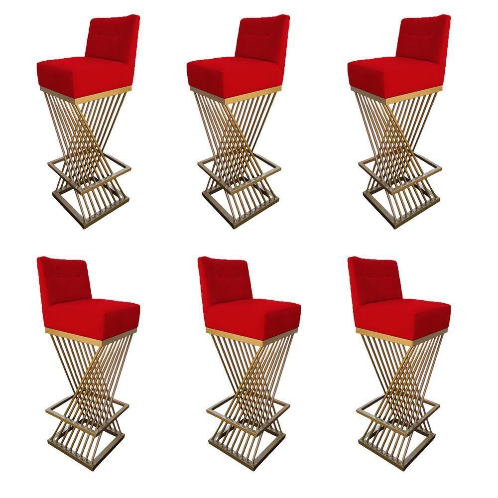 Kit 06 Banquetas Luma Base De Ferro Sued Vermelho D'classe Decor - 1