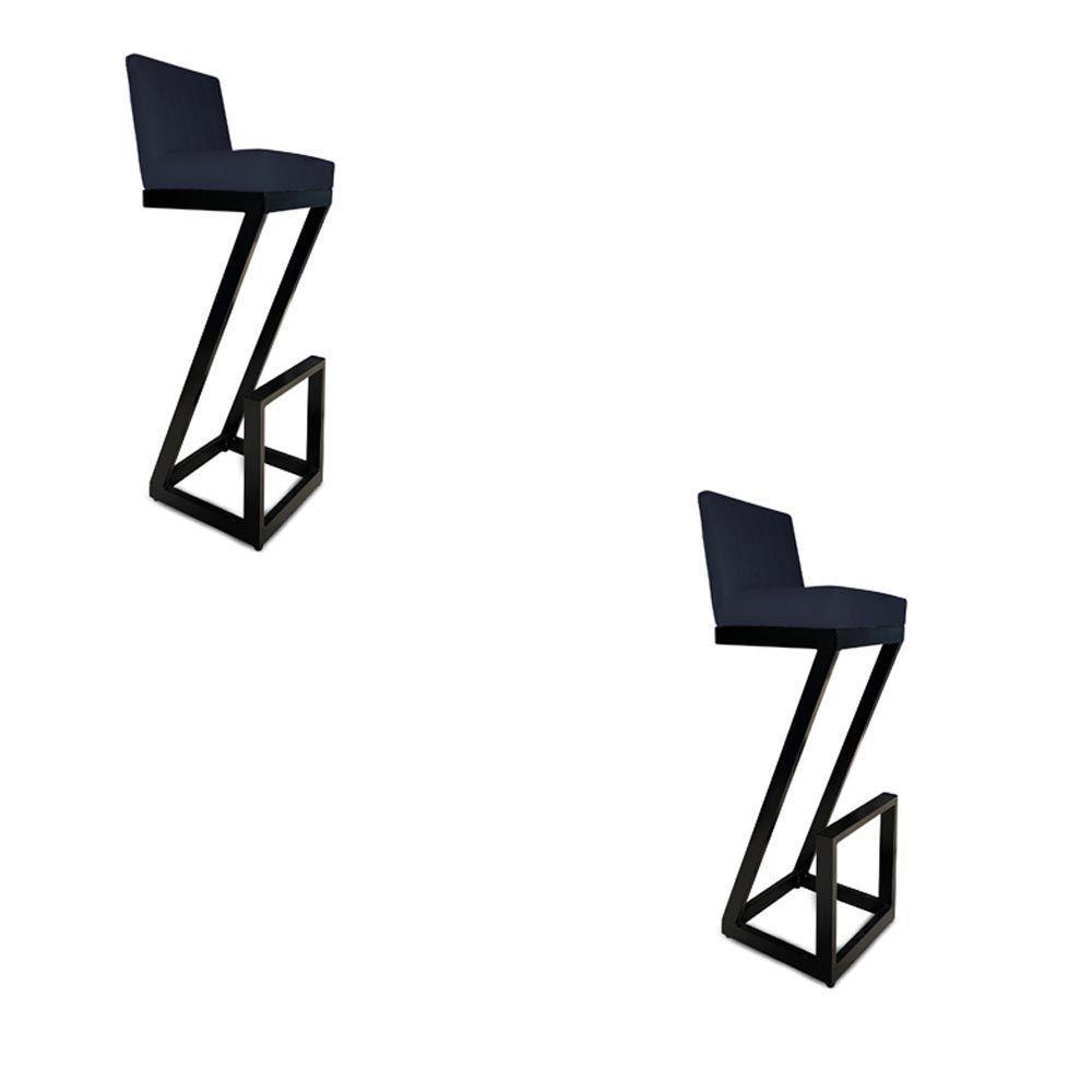 Kit 02 Banqueta Alta Z Base De Ferro Suede Azul Marinho D'classe Decor - 1