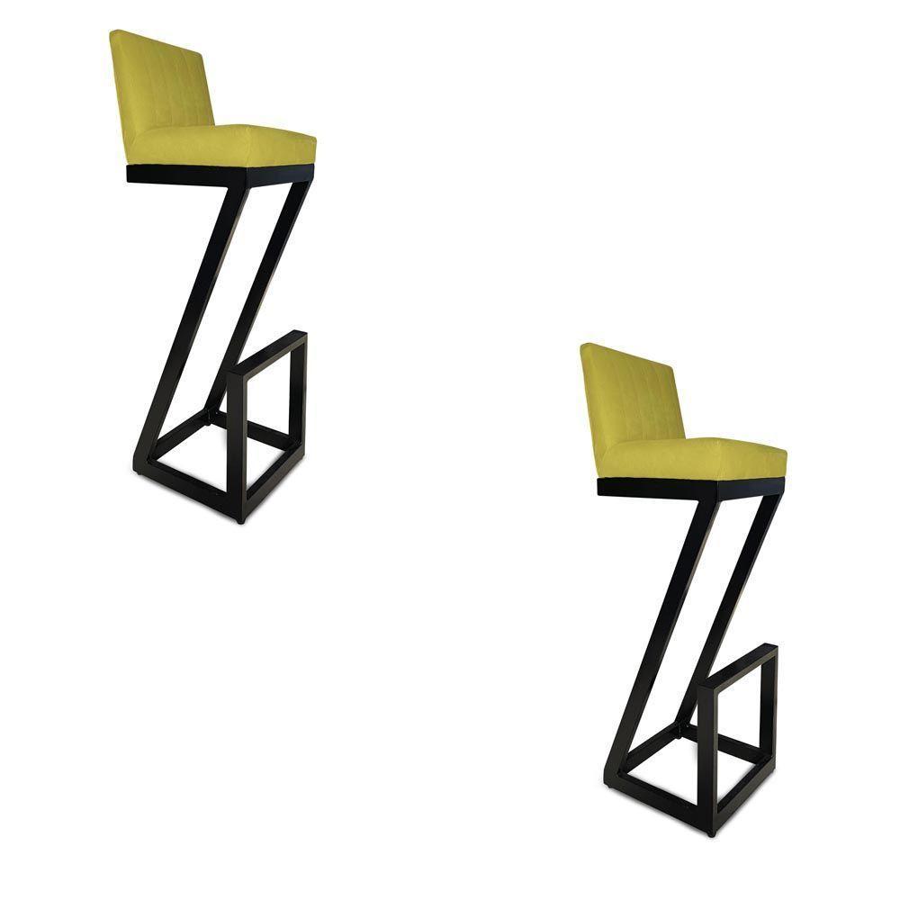 Kit 02 Banqueta Alta Z Base De Ferro Suede Amarelo D'classe Decor - 1