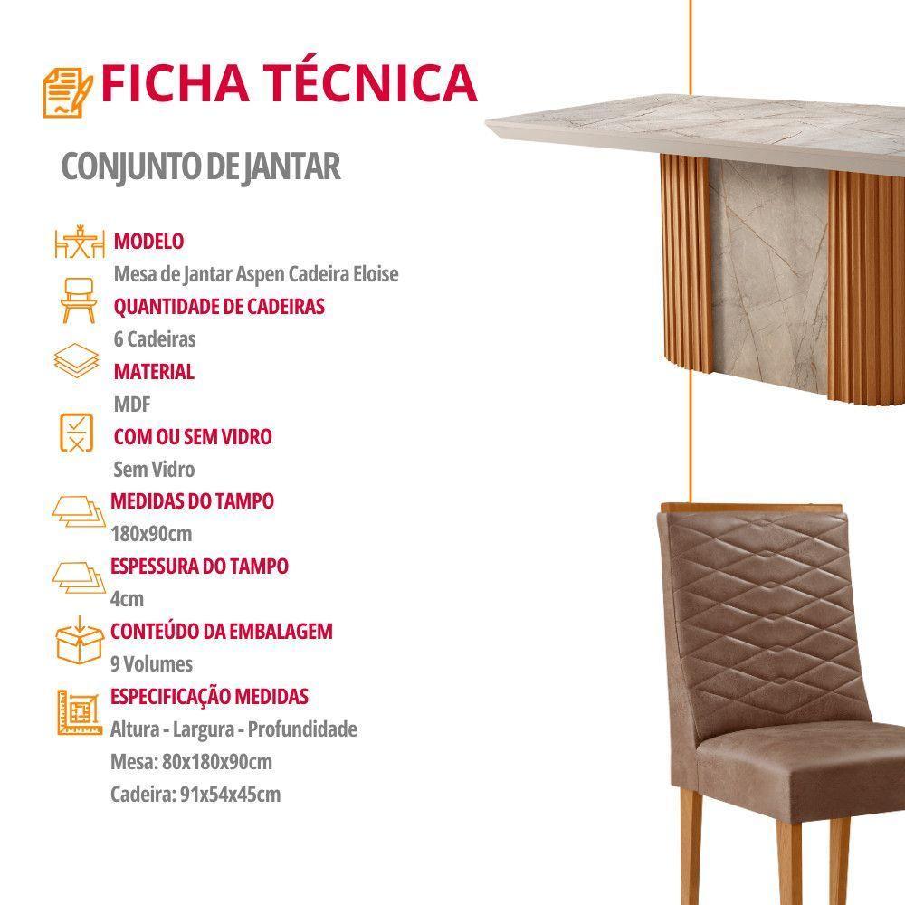 Mesa De Jantar Aspen 180cm Tampo Bp Canto Reto 6 Cad Eloise Tork Gris Royale Naturale - 6