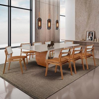 Sala de Jantar Ellis e Eva Premium 8 Lugares Tampo de Vidro com Cadeiras em Madeira Caramelo