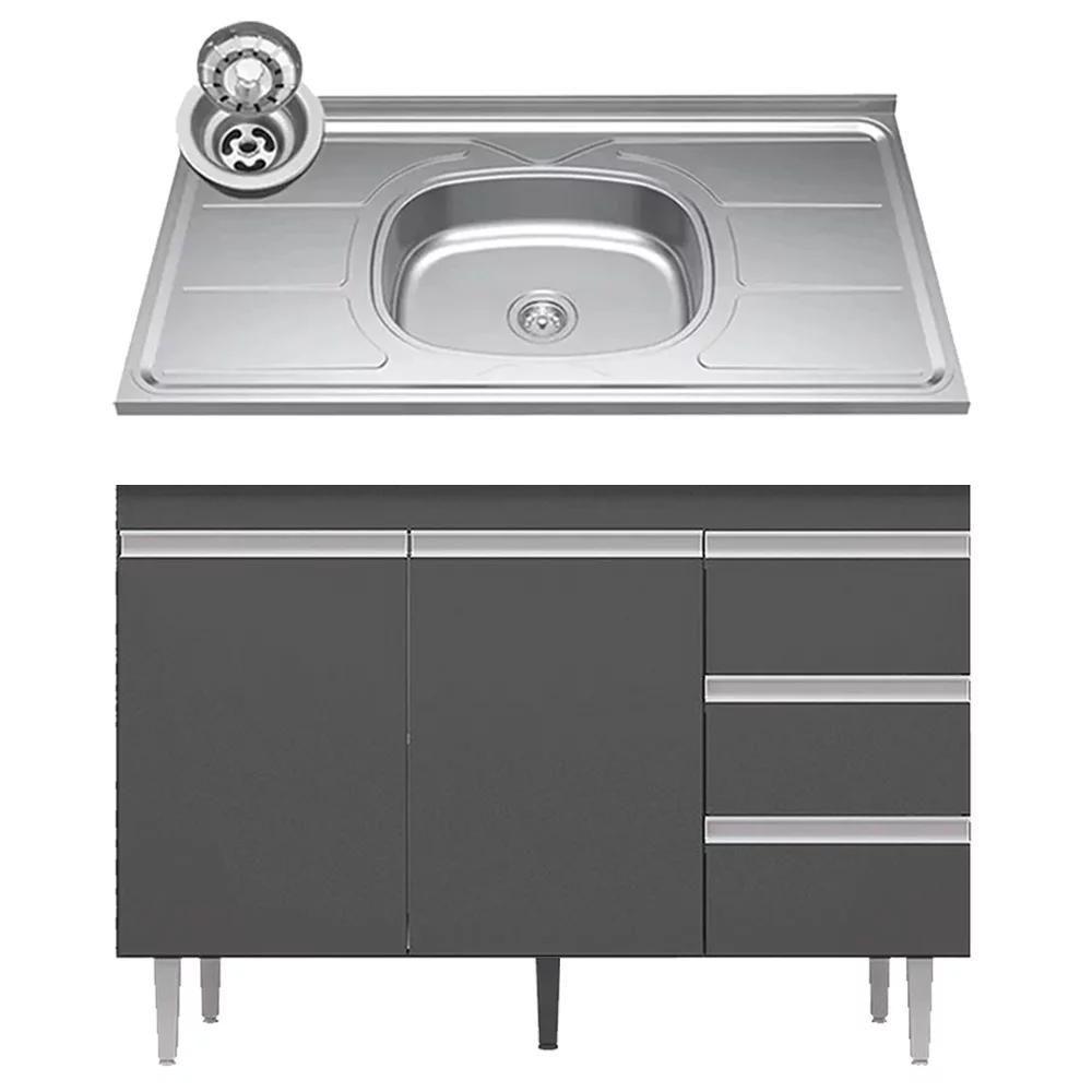 Balcão De Cozinha Com Pia Inox 100cm 3 Gavetas Andréia Cinza - Ajl Móveis - 1