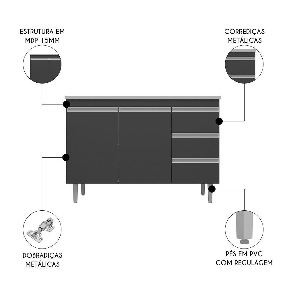 Balcão De Cozinha Com Pia Inox 100cm 3 Gavetas Andréia Cinza - Ajl Móveis - 3