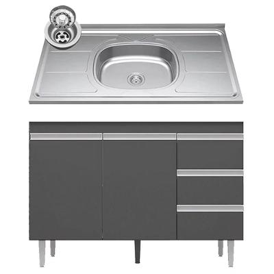 Balcão De Cozinha Com Pia Inox 100cm 3 Gavetas Andréia Cinza - Ajl Móveis