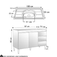 Balcão De Cozinha Com Pia Inox 100cm 3 Gavetas Andréia Cinza - Ajl Móveis