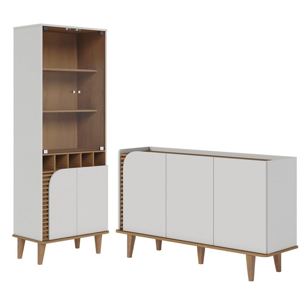 Balcão Buffet E Cristaleira Com Adega Madrid C05 Off White Matte-freijó - Mpozenato - 1