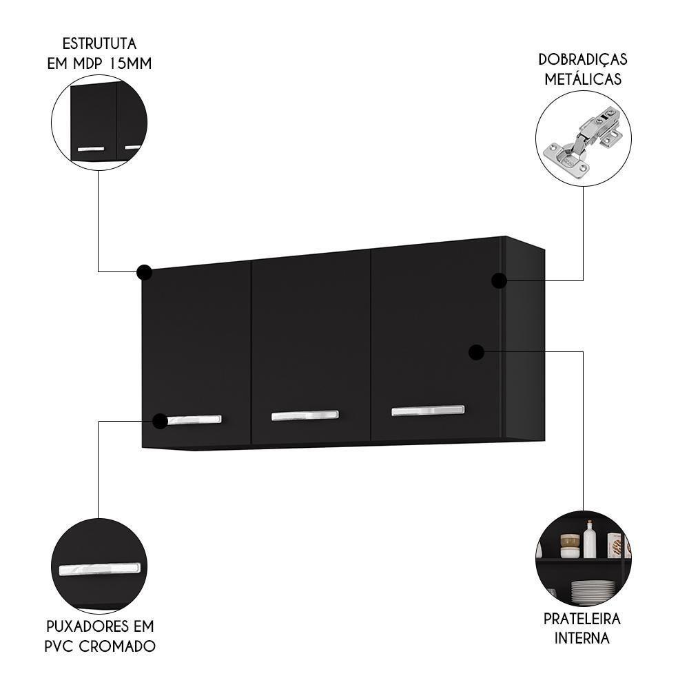 Armários De Cozinha Aéreo 3 Portas 120cm Kit 2 Honduras Preto - Lumil - 3