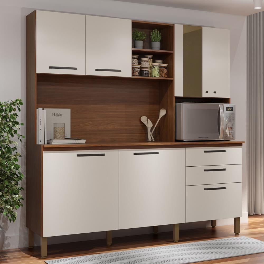 Armário De Cozinha Mega Com Tampo 7 Portas E 2 Gavetas Nogueira Off White - 2