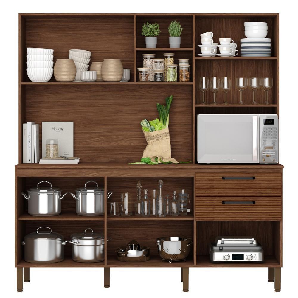 Armário De Cozinha Mega Com Tampo 7 Portas E 2 Gavetas Nogueira Off White Ripado - 2