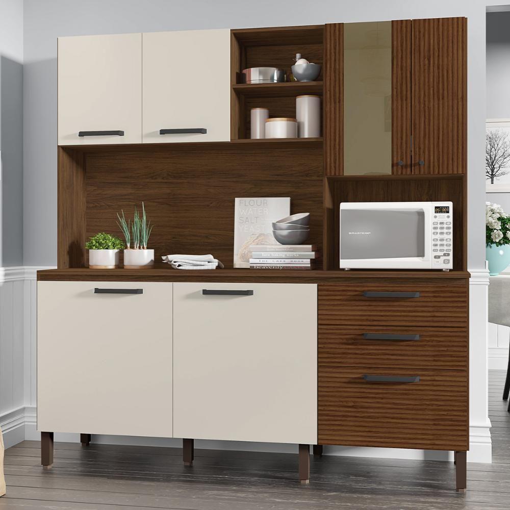 Armário De Cozinha Mega Com Tampo 7 Portas E 2 Gavetas Nogueira Off White Ripado - 3