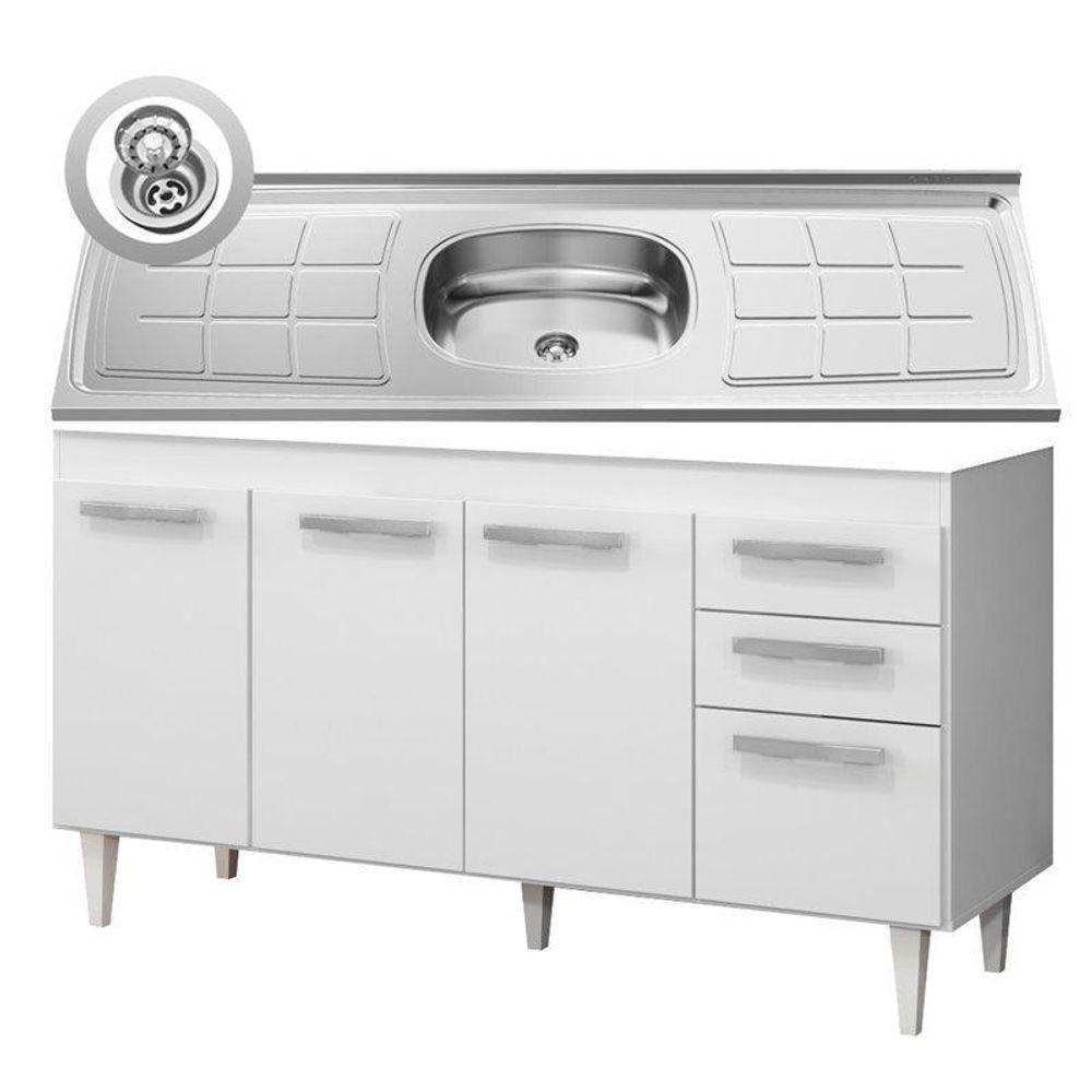Balcão Gabinete Lis E Pia Inox 150cm 4 Portas L03 Lis - Mpozenato Branco-castanho - 1