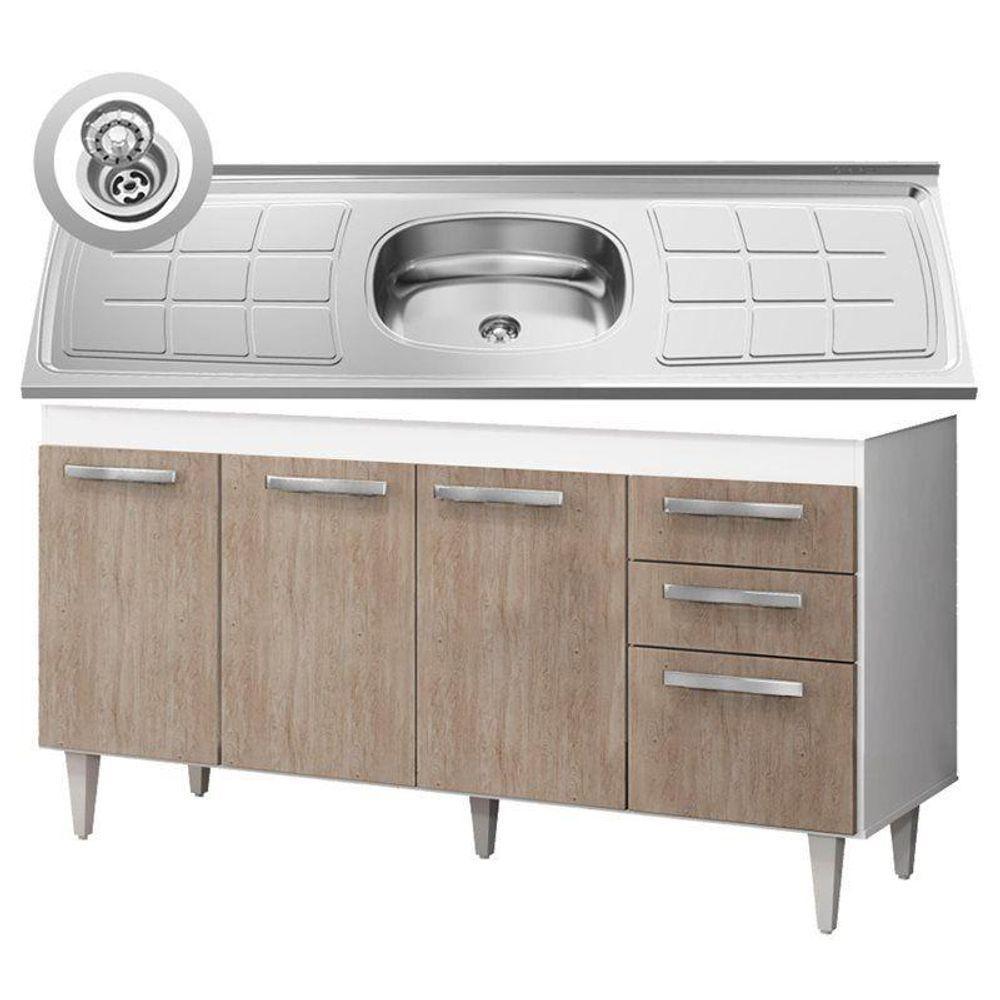 Balcão Gabinete Lis E Pia Inox 150cm 4 Portas L03 Lis - Mpozenato Branco-castanho - 2