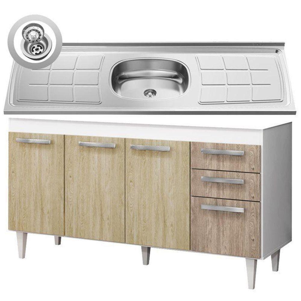 Balcão Gabinete Lis E Pia Inox 150cm 4 Portas L03 Lis - Mpozenato Branco-castanho - 3