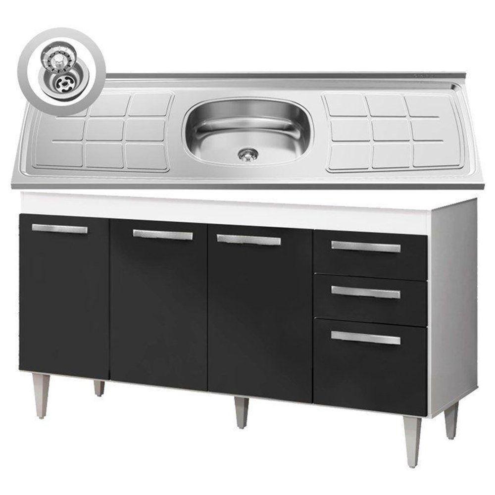 Balcão Gabinete Lis E Pia Inox 150cm 4 Portas L03 Lis - Mpozenato Branco-castanho - 4