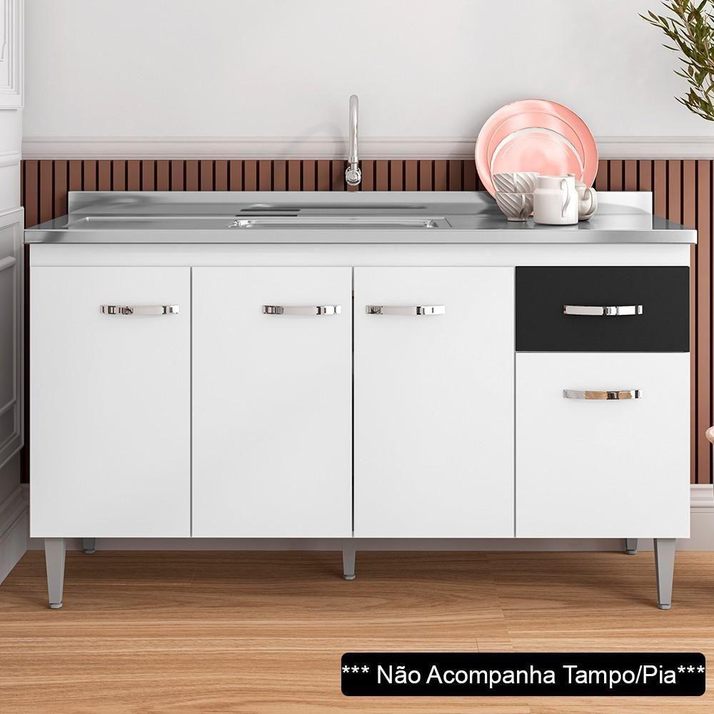 Balcão Gabinete Para Pia Sem Tampo 150cm 4 Portas E 1 Gaveta Flex Gabriela Branco-preto - Ajl Móveis - 10