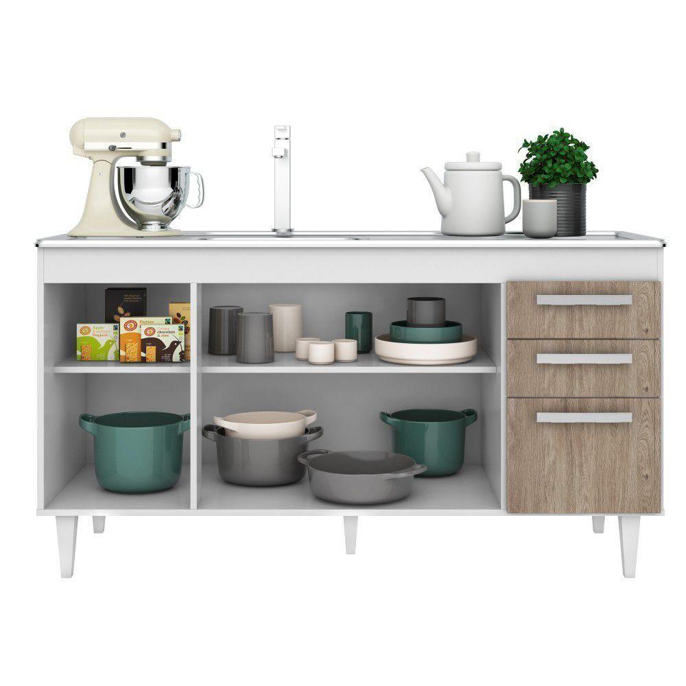 Balcão Gabinete Com Pia Inox 150cm Lisboa - Lumil Móveis Branco-castanho - 1