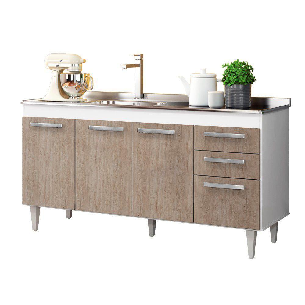 Balcão Gabinete Com Pia Inox 150cm Lisboa - Lumil Móveis Branco-castanho - 5