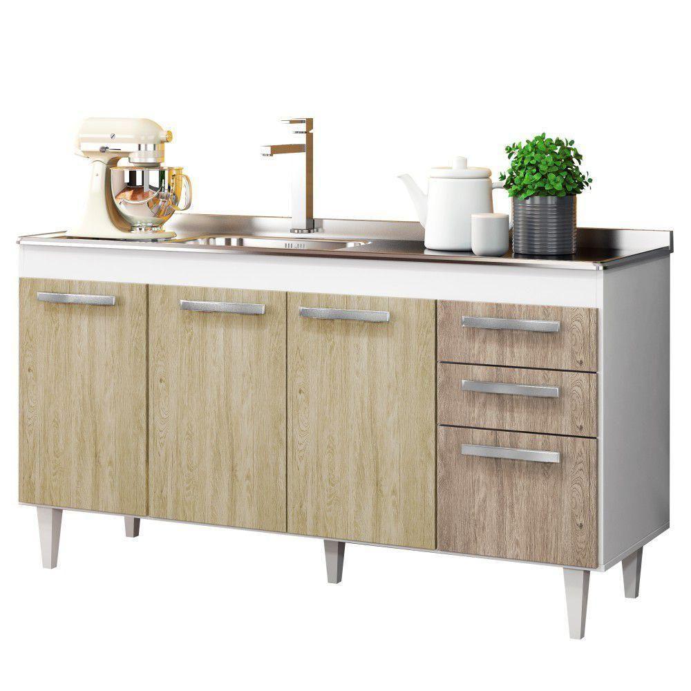 Balcão Gabinete Com Pia Inox 150cm Lisboa - Lumil Móveis Branco-castanho - 8