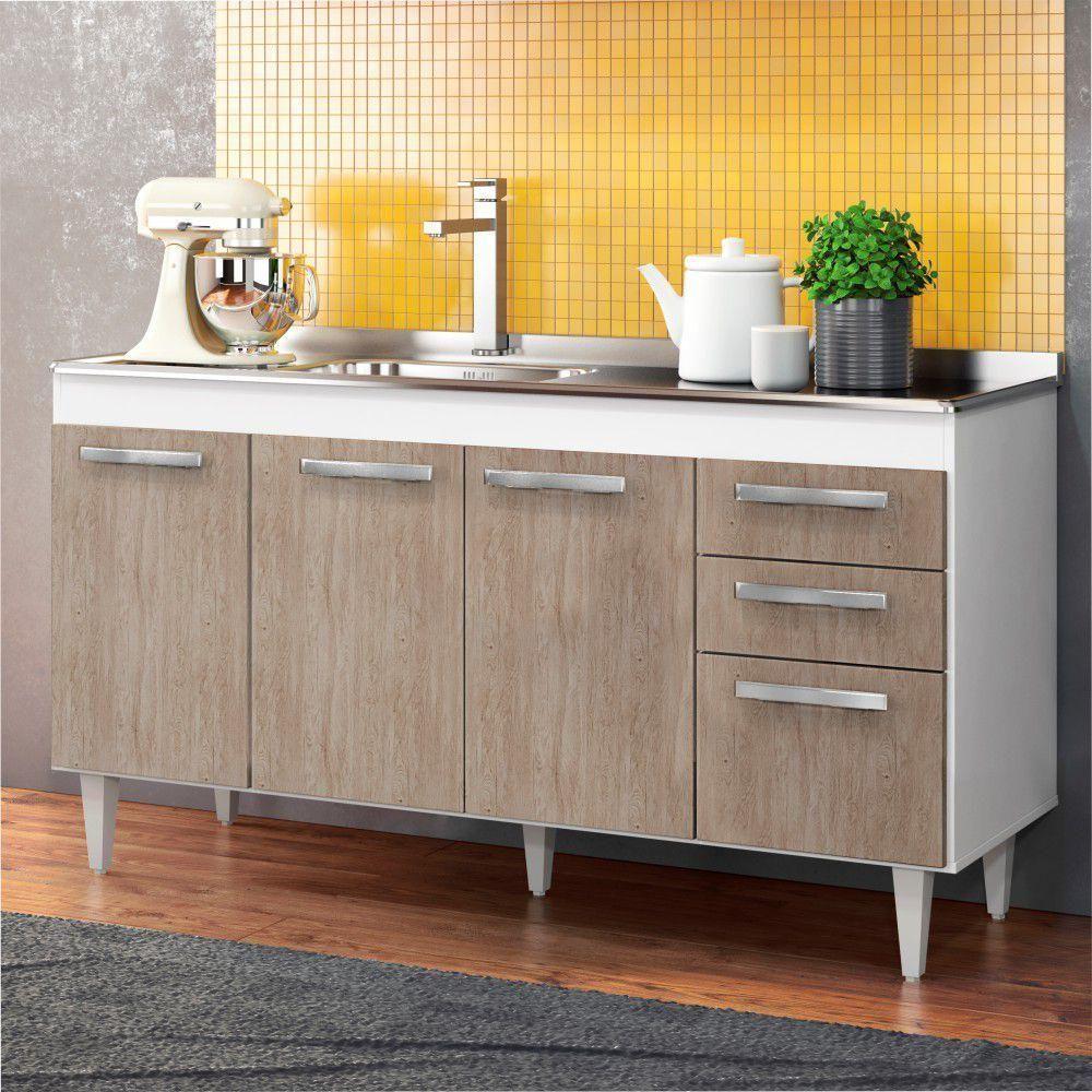 Balcão Gabinete Com Pia Inox 150cm Lisboa - Lumil Móveis Branco-castanho - 9