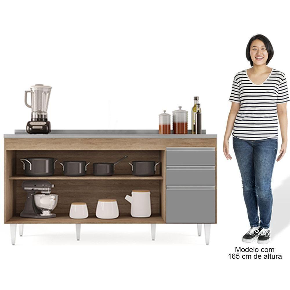 Balcão Gabinete Com Pia Inox 160cm Arkansas Castanho-cinza - Lumil - 7