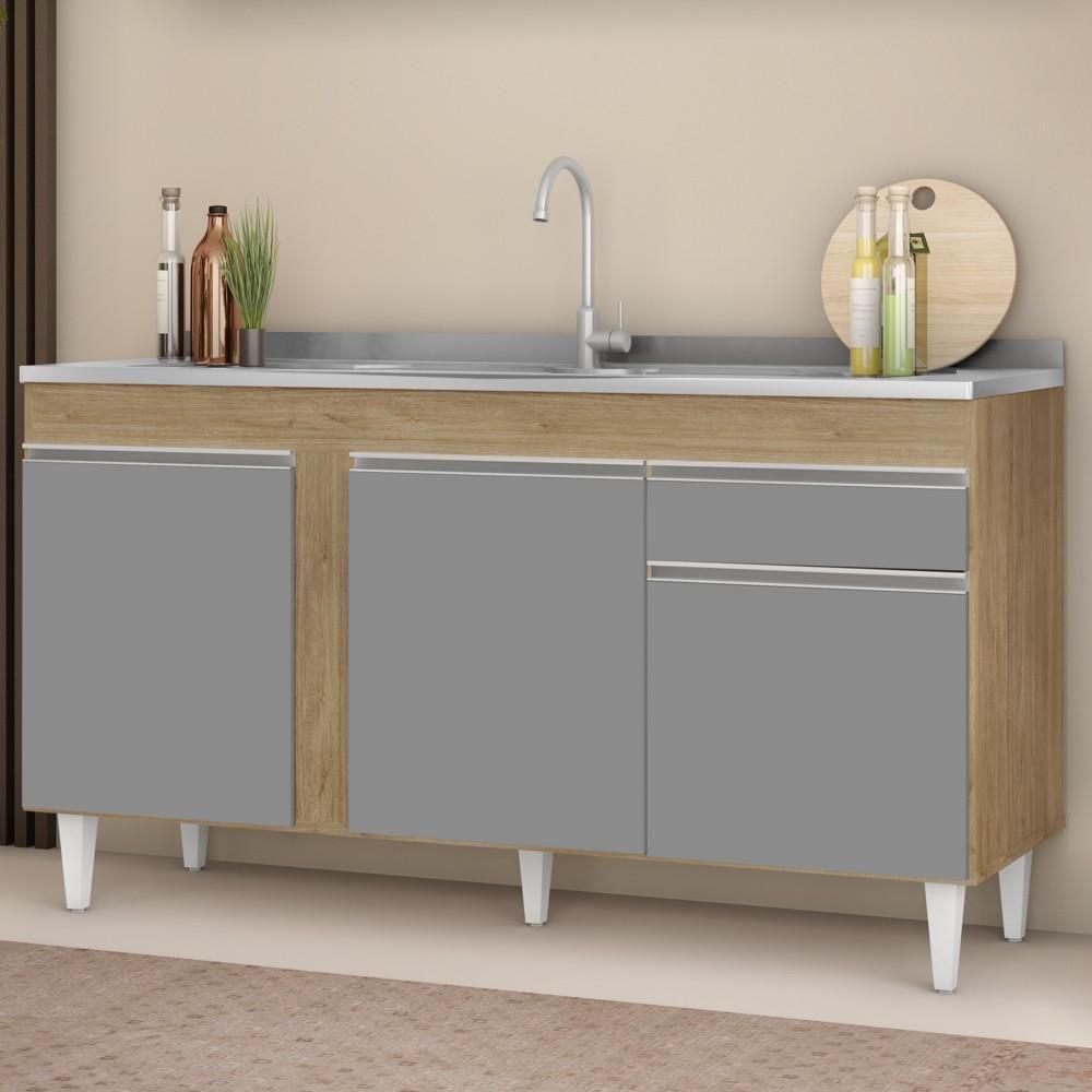 Balcão Gabinete Com Pia Inox 150cm 3 Portas 1 Gaveta Dakota Castanho-cinza - Lumil - 2