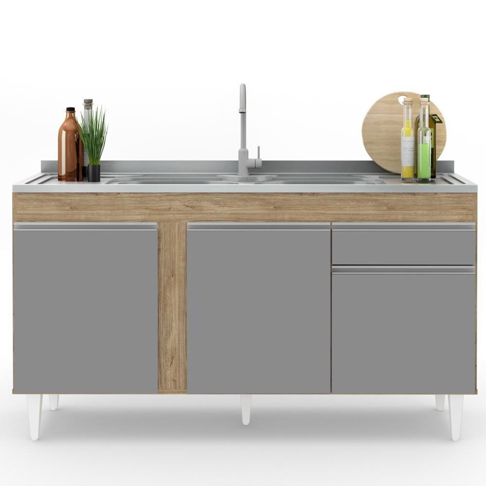 Balcão Gabinete Com Pia Inox 150cm 3 Portas 1 Gaveta Dakota Castanho-cinza - Lumil - 9