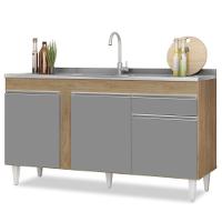 Balcão Gabinete Com Pia Inox 150cm 3 Portas 1 Gaveta Dakota Castanho-cinza - Lumil - 1