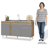 Balcão Gabinete Com Pia Inox 150cm 3 Portas 1 Gaveta Dakota Castanho-cinza - Lumil - 5