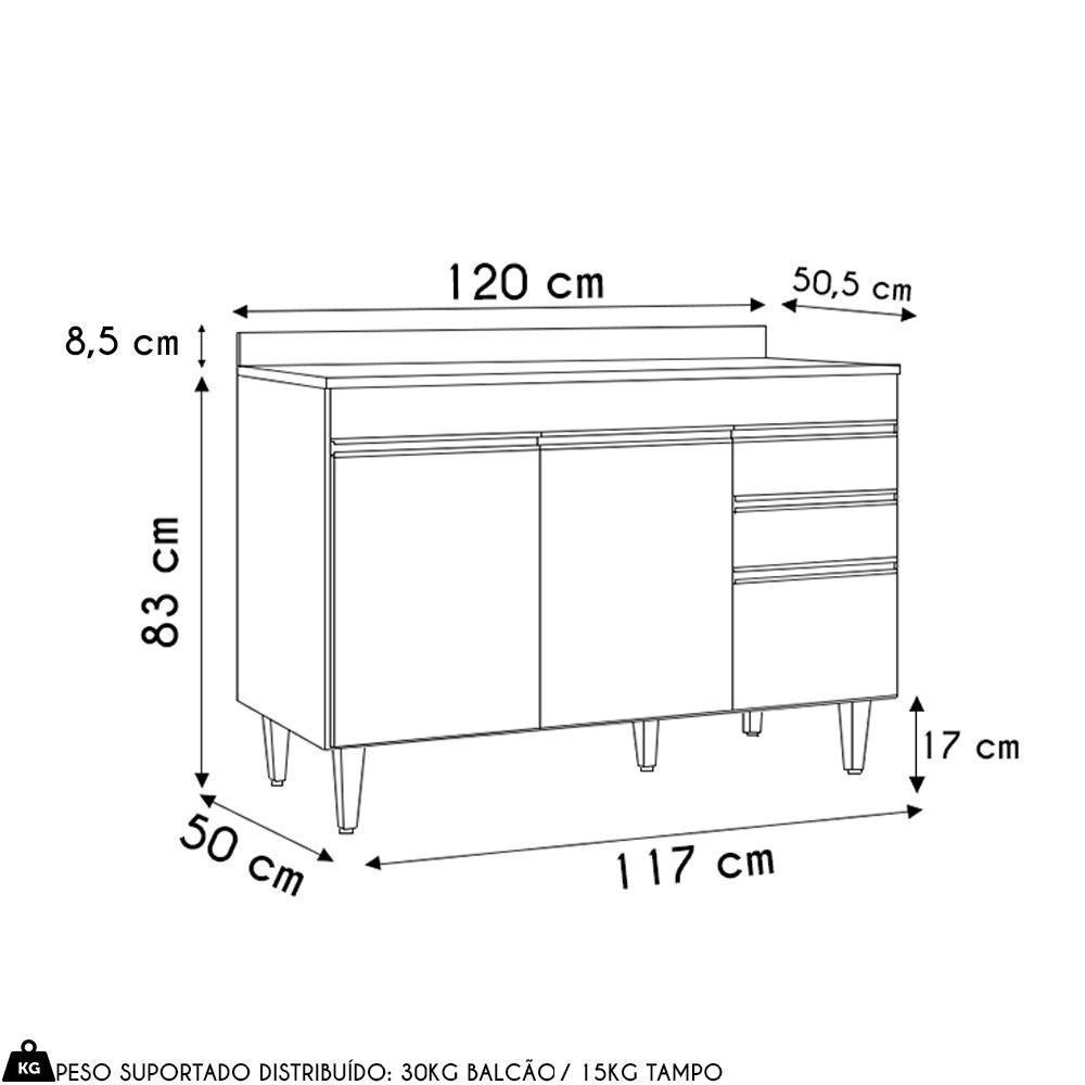 Balcão De Cozinha Para Pia 120cm Com Tampo Michigan Cinza Claro-castanho - Lumil - 4