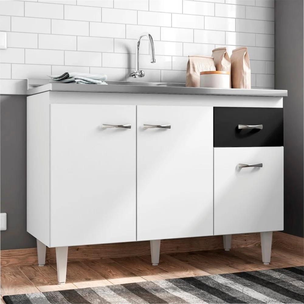 Balcão Gabinete Para Pia Sem Tampo 120cm 3 Portas E 1 Gaveta Flex Gabriela Branco-preto - Ajl Móveis - 6
