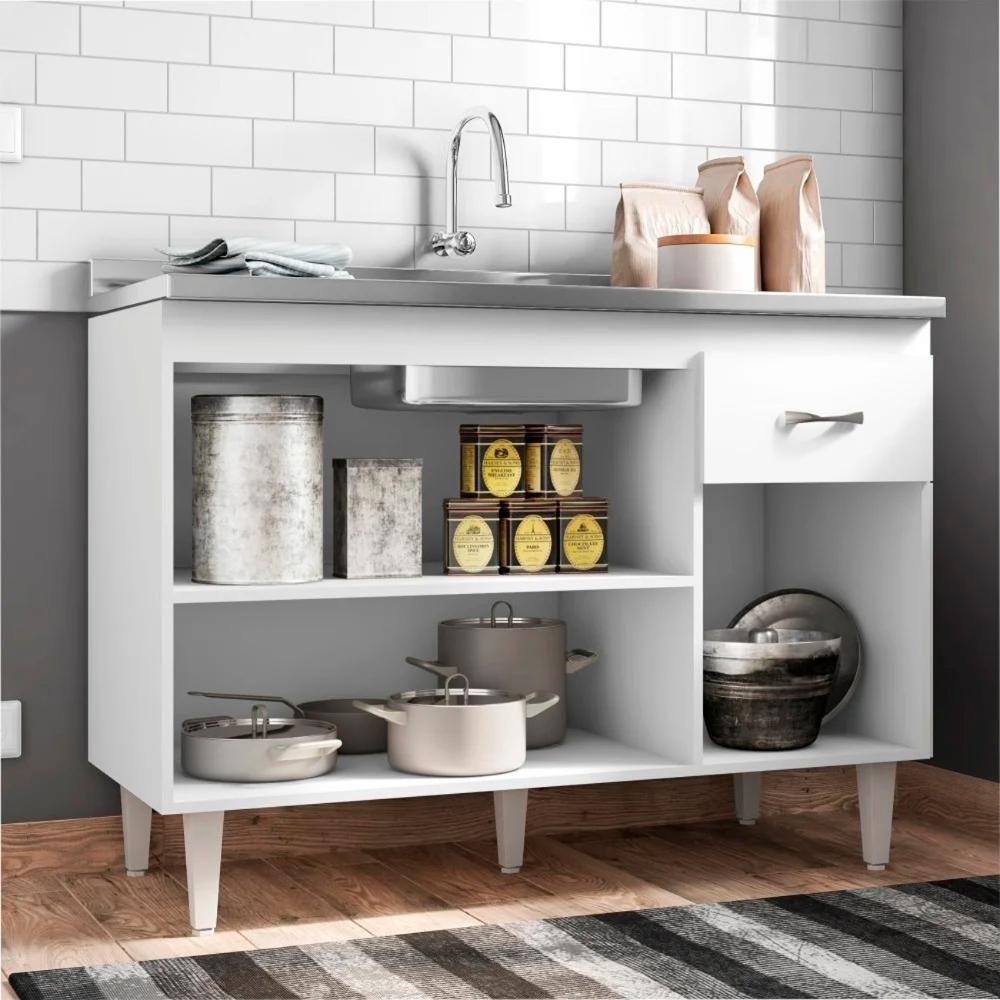 Balcão Gabinete Para Pia Sem Tampo 120cm 3 Portas E 1 Gaveta Flex Gabriela Branco-preto - Ajl Móveis - 7