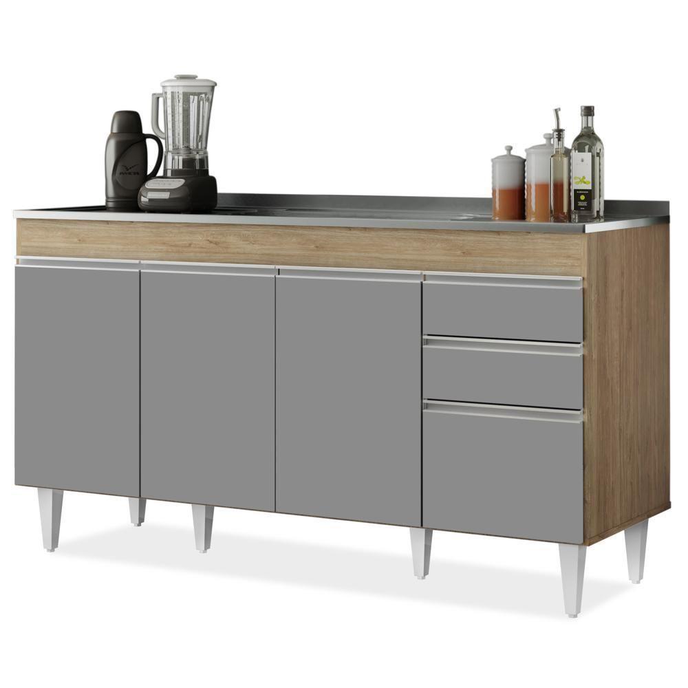 Balcão Gabinete Com Pia Inox 150cm Marrocos Castanho-cinza - Lumil - 1