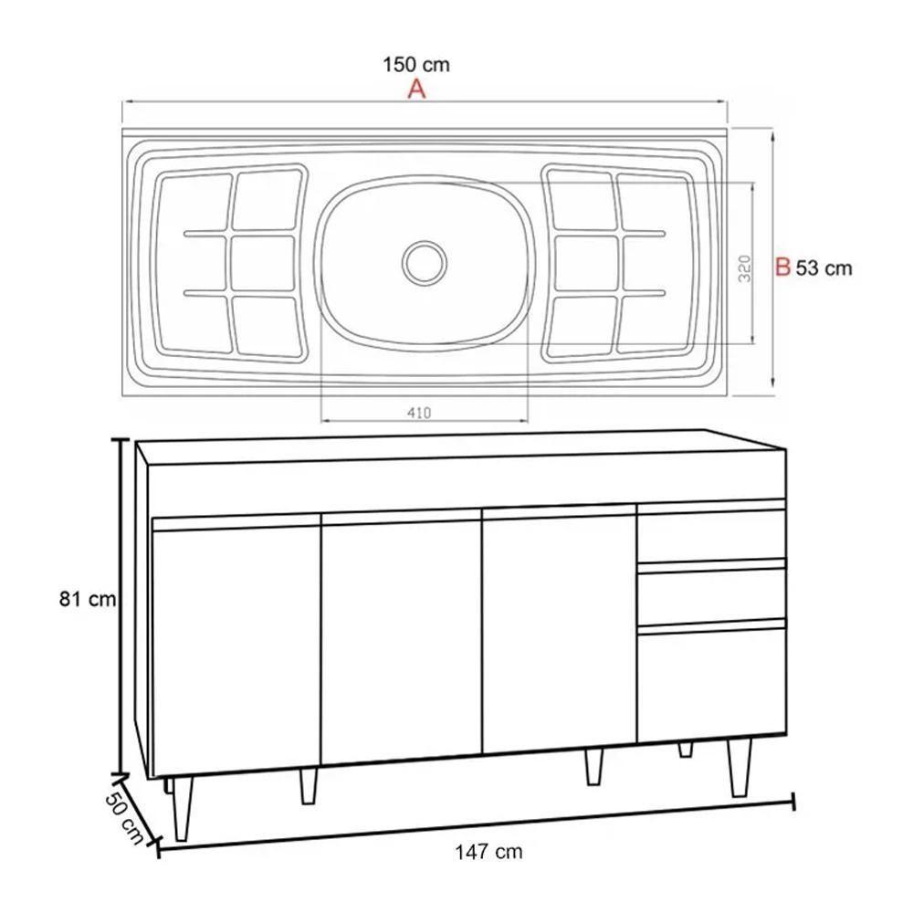 Balcão Gabinete Com Pia Inox 150cm Marrocos Castanho-cinza - Lumil - 4