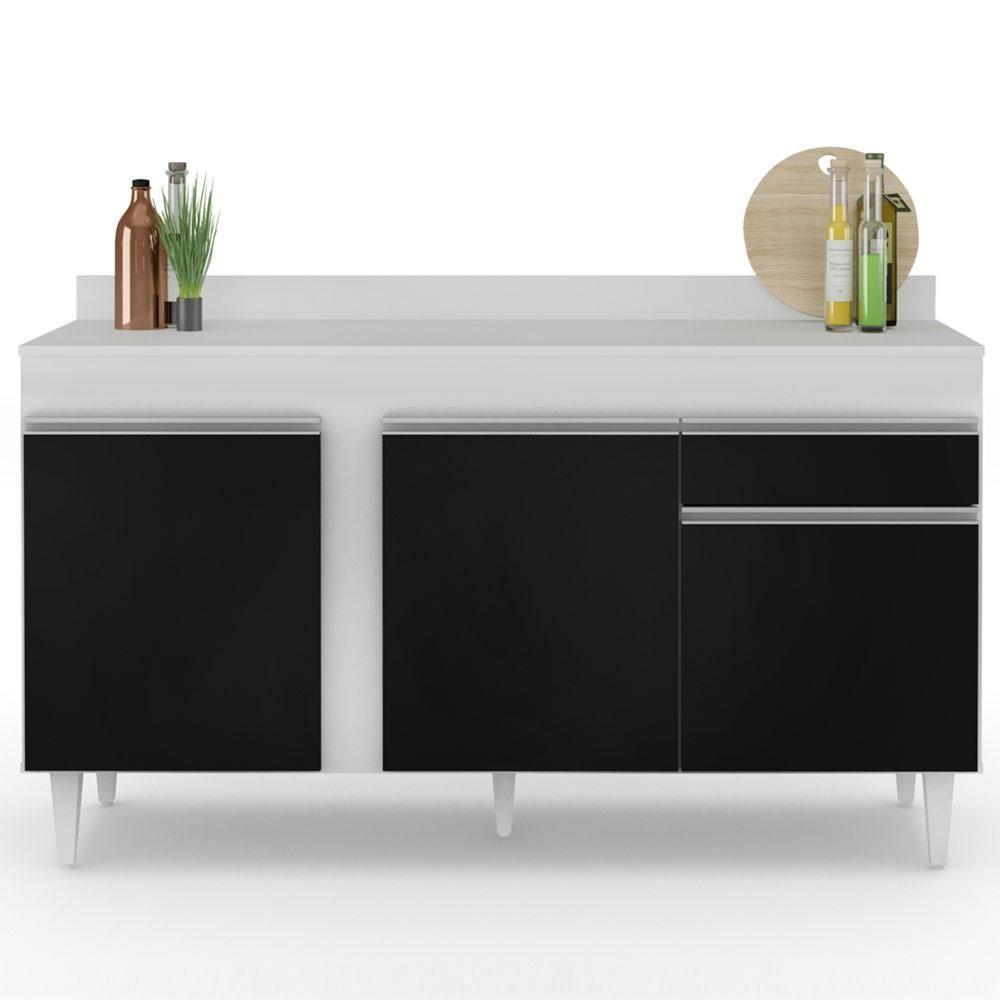 Balcão Gabinete Para Pia Com Tampo 150cm 3 Portas 1 Gaveta Dakota Branco-preto - Lumil - 7