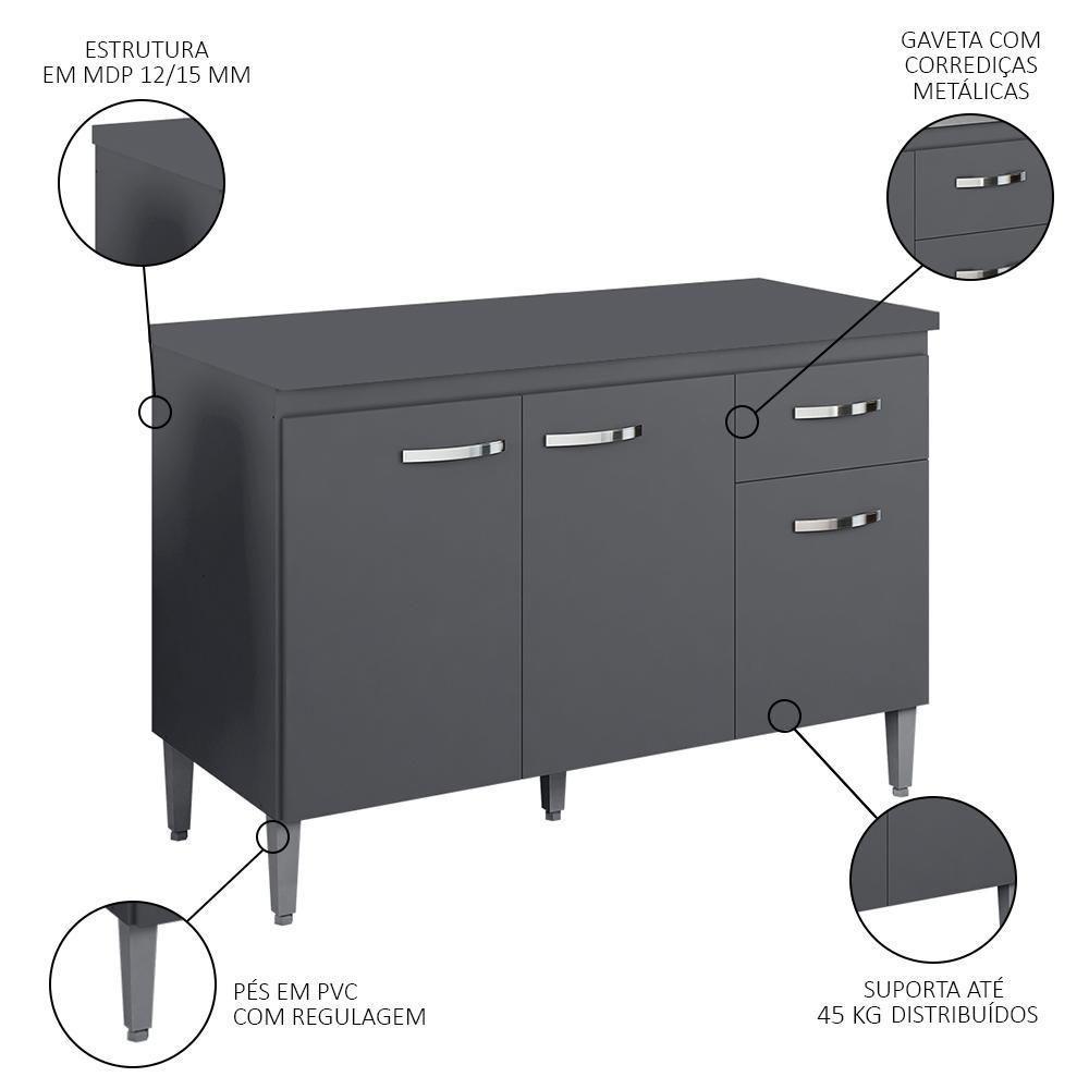 Balcão Gabinete Para Pia Com Tampo 120cm 3 Portas E 1 Gaveta Gabriela Cinza - Ajl Móveis - 4