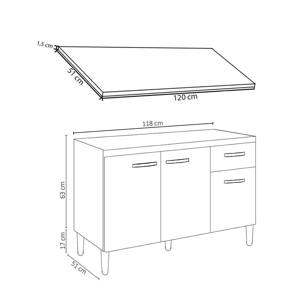 Balcão Gabinete Para Pia Com Tampo 120cm 3 Portas E 1 Gaveta Gabriela Cinza - Ajl Móveis - 5