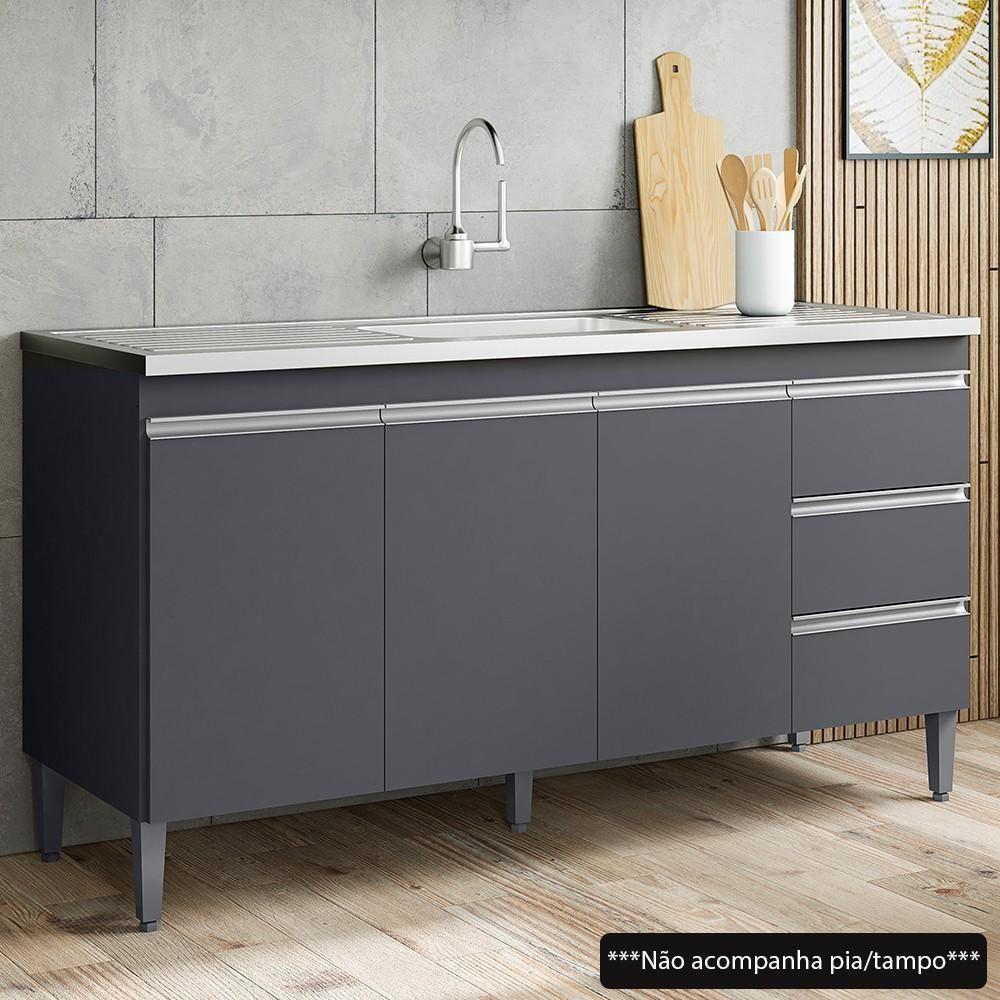 Balcão Gabinete Para Pia 150cm 3 Portas Andréia Cinza - Ajl Móveis - 2