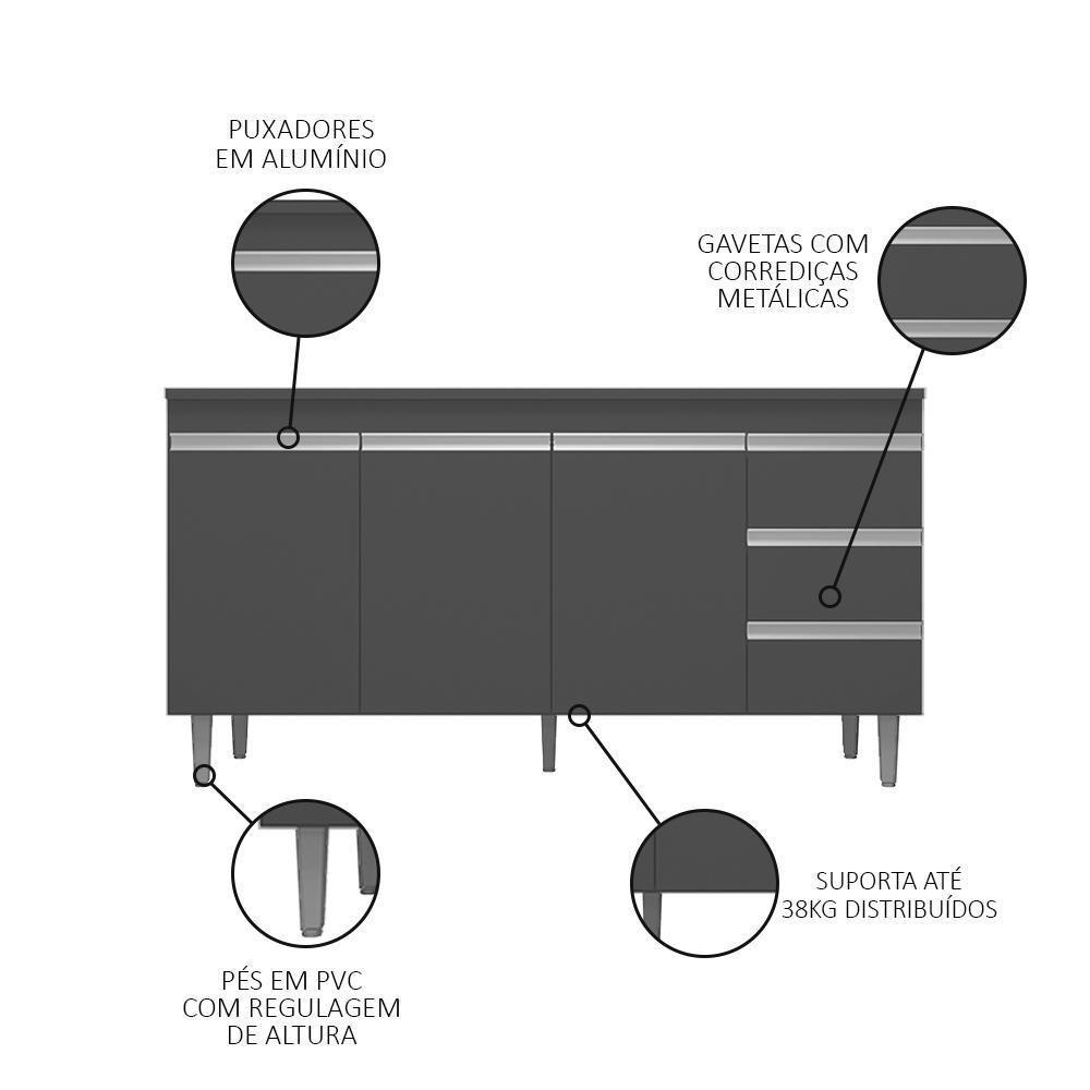 Balcão Gabinete Para Pia 150cm 3 Portas Andréia Cinza - Ajl Móveis - 3
