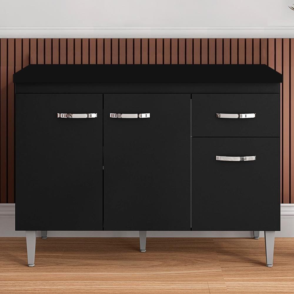 Balcão Gabinete Para Pia Com Tampo 120cm 3 Portas E 1 Gaveta Gabriela Preto - Ajl Móveis - 2