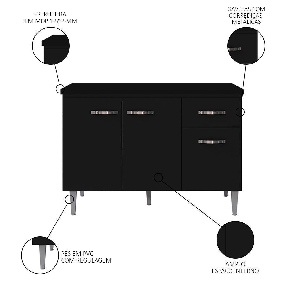 Balcão Gabinete Para Pia Com Tampo 120cm 3 Portas E 1 Gaveta Gabriela Preto - Ajl Móveis - 7