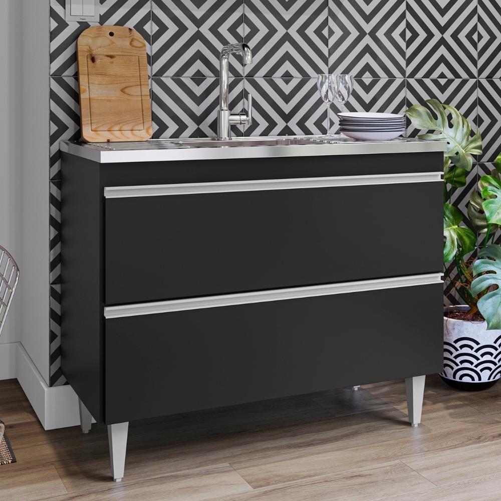 Balcão De Cozinha Com Pia Inox 100cm Julia M24 Preto - Mpozenato - 2