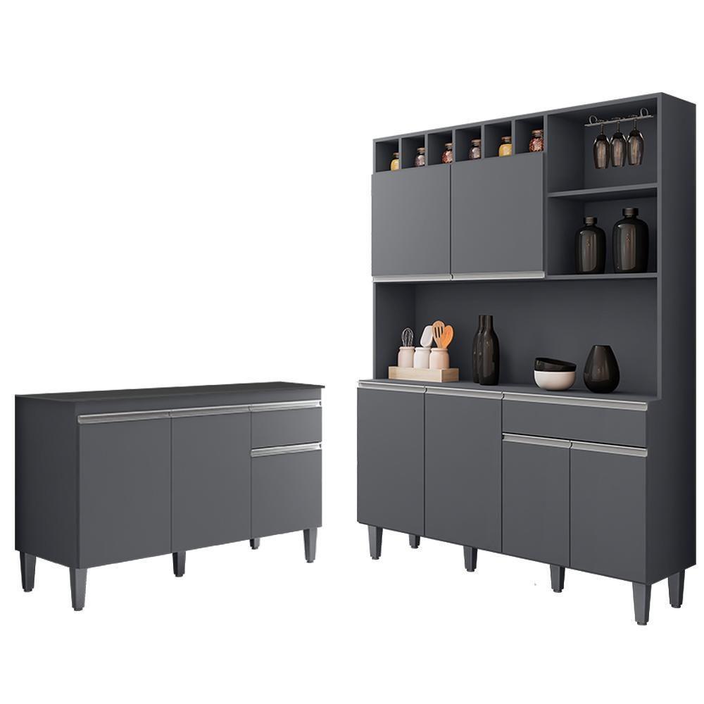 Cozinha Compacta Alice E Balcão Gabinete Com Tampo Tatiane 120cm Cinza - Ajl Móveis - 1