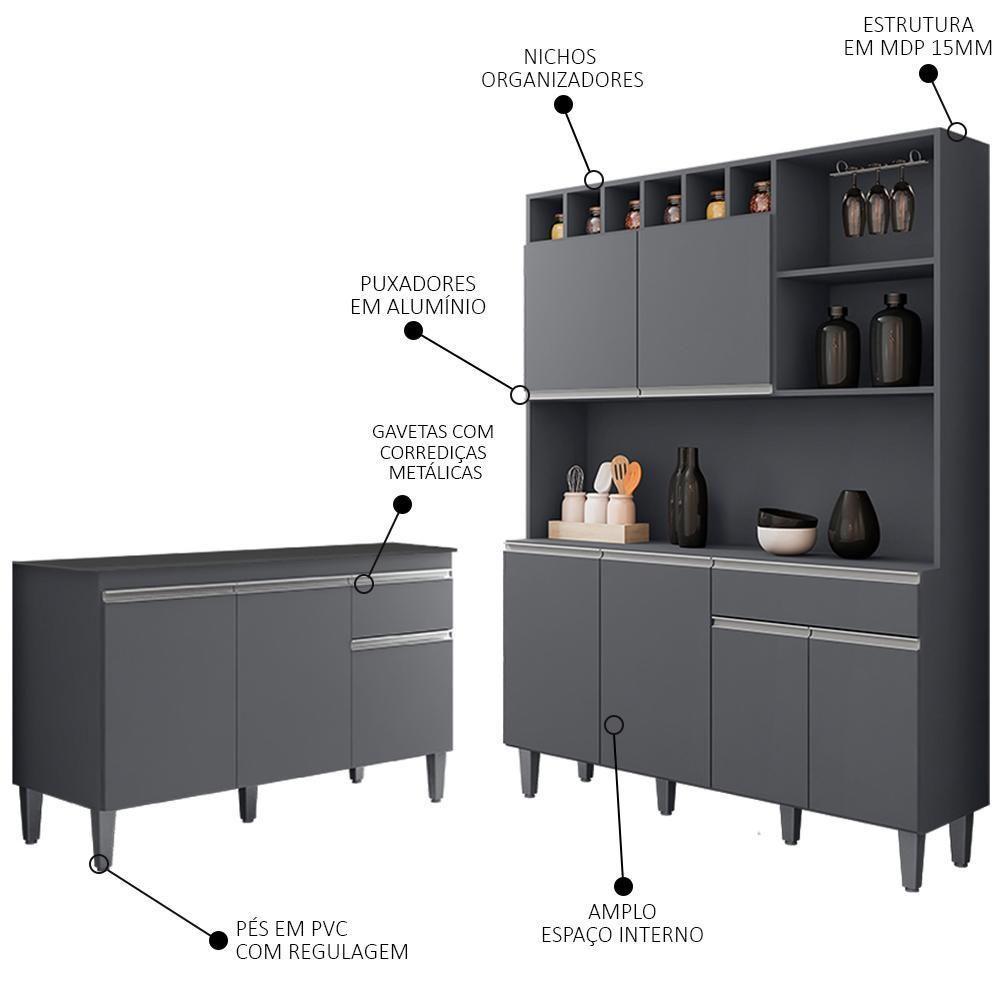 Cozinha Compacta Alice E Balcão Gabinete Com Tampo Tatiane 120cm Cinza - Ajl Móveis - 4
