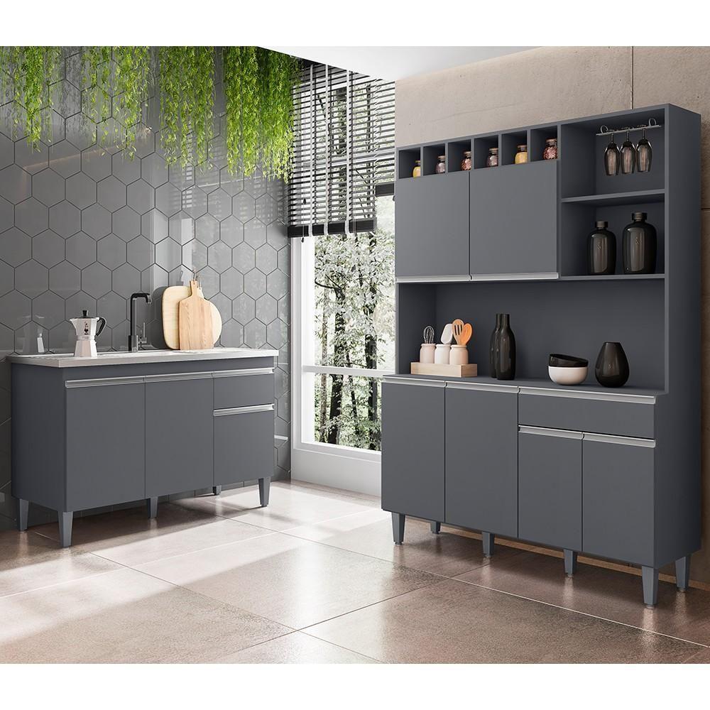 Cozinha Compacta Alice E Balcão Gabinete Com Pia Tatiane 120cm Cinza - Ajl Móveis - 2